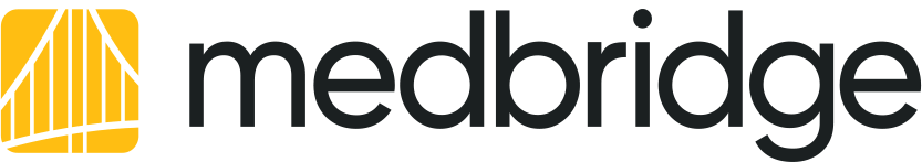 Yellow and black Medbridge logo with stylized text and vertical lines.